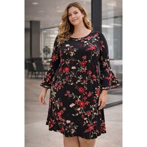 Charter Club Womens 2X Floral Bell Sleeve Dress Deep Black Modest Flowy Career